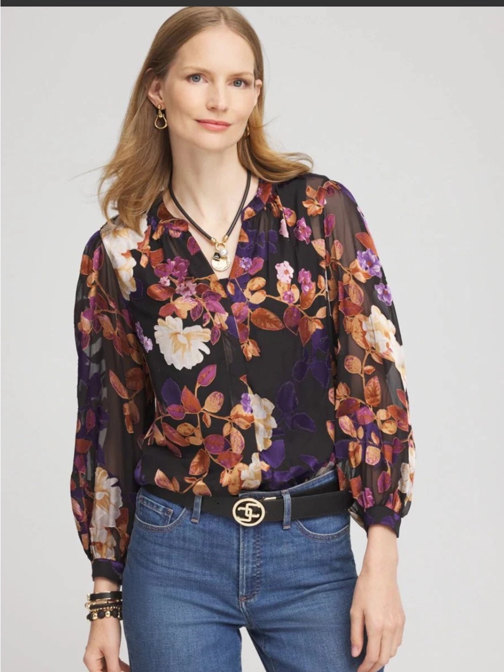 Chico's Floral Burnout Blouse